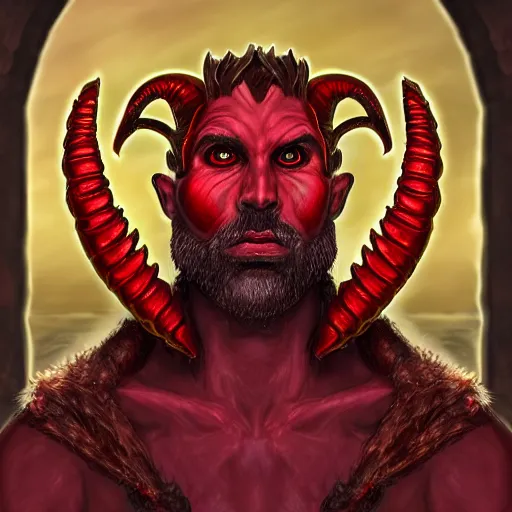 Image similar to dnd style portrait of a tiefling, male, red scales, red skin, a big black beard, completely golden eyes, 2 black ram horns growing out of his forehead,