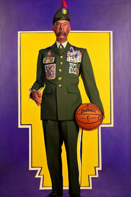 Image similar to full body portrait of the dictator of the los angeles lakers, 1 9 5 5, in full military garb, oil on canvas by william sidney mount, trending on artstation