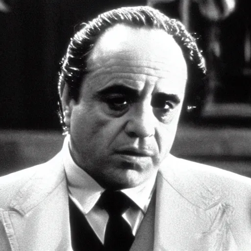 Prompt: movie still of danny devito as don corleone in the godfather