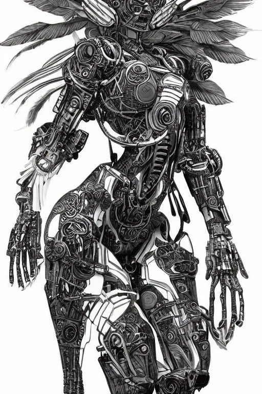 Prompt: full body illustration, mechanized african female, voluptuous harpy, highly detailed, sumi - e art, suiboku - ga ink, by kim jisu, pen and ink monochrome, mecha, deviantart, artstation, pinterest