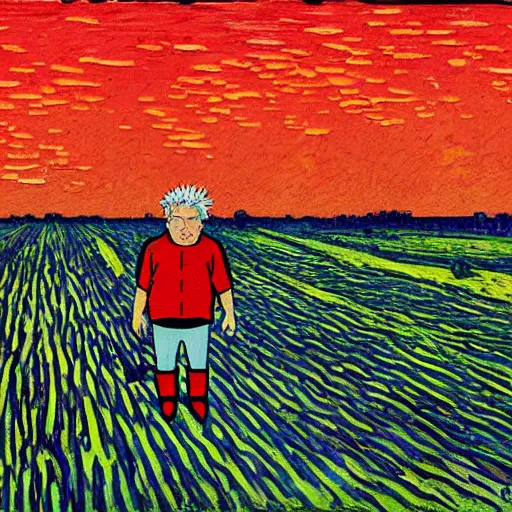 Prompt: sad ominous painting of guy fieri sitting in a field at night, in the style of studio ghibli and moebius and claude monet and vincent van gogh