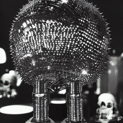 Image similar to a disco ball shaped like a skull full of long spikes, reflecting light in a nightclub, grainy film photograph