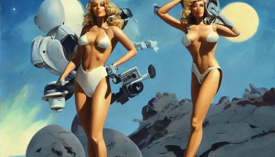 Prompt: A mixed media portrait painting of a beautiful blonde brunette woman exploring an alien planet, very curvy, aesthetic! high-waisted white-bikini-armor and boots, holding raygun, aesthetic symmetrical face and eyes, model, Scandinavian, wet, discarded mechsuit in background, by Frank Frazetta, Boris Vallejo, Beeple, Greg Rutkowski, Christian MacNevin, eighties-pinup style, epic fantasy character art, high fantasy, CGsociety, exquisite detail, post-processing, masterpiece, cinematic
