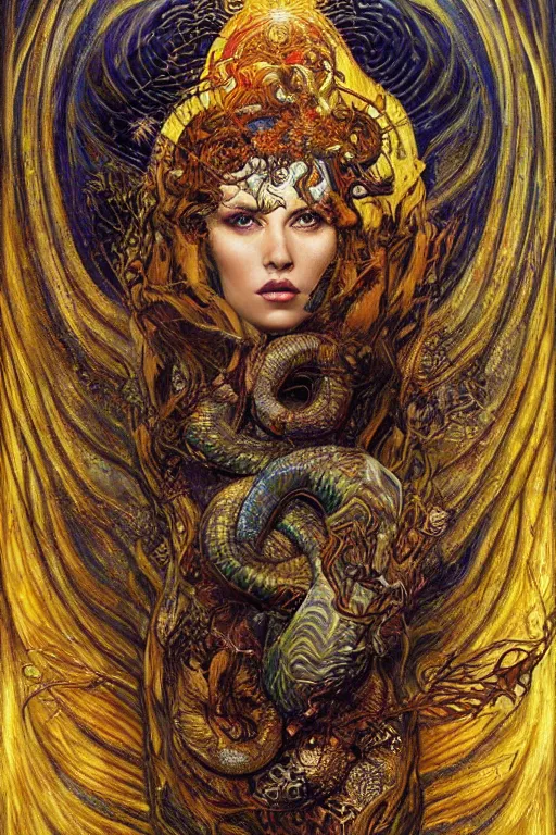 Image similar to Rebirth by Karol Bak, Jean Deville, Gustav Klimt, and Vincent Van Gogh, majestic portrait of a sacred serpent, Surreality, radiant halo, shed iridescent snakeskin, otherworldly, fractal structures, celestial, arcane, ornate gilded medieval icon, third eye, spirals