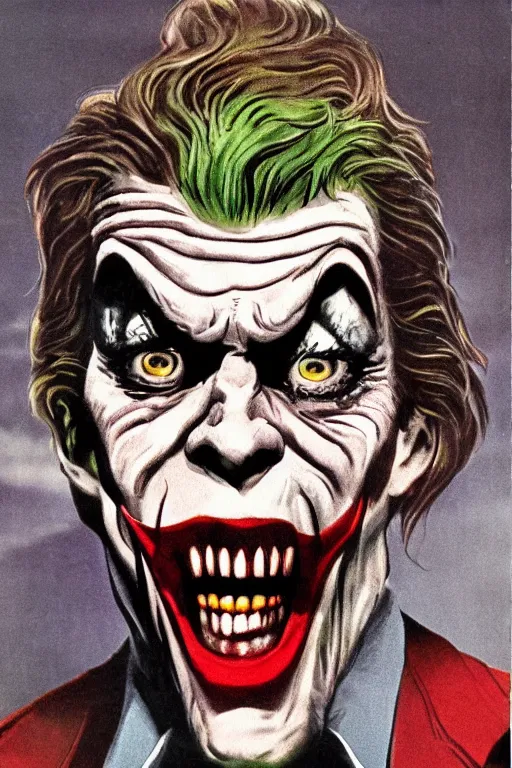 Prompt: Willem Dafoe as the Joker on a 1960s horror movie poster , vintage 60s print, scary, horrifying, terror