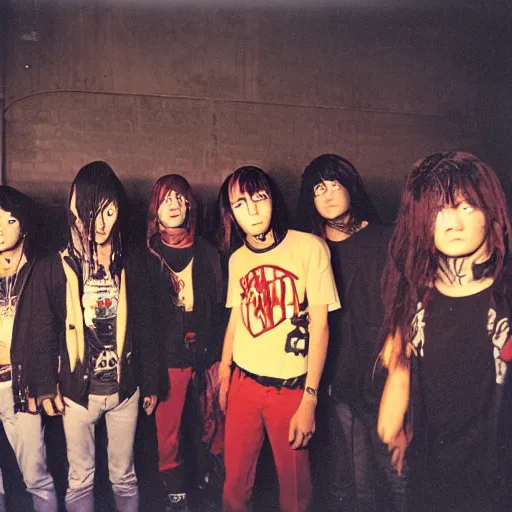 Image similar to joel sternfeld photo of an anime metal band, direct flash photography at night, film grain