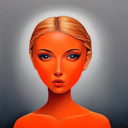 Image similar to a painting of a beautiful woman!!! wearing orange, an ultrafine detailed painting by rafal olbinski, behance contest winner, pop surrealism, detailed painting, very detailed, minimalist, airbrush art