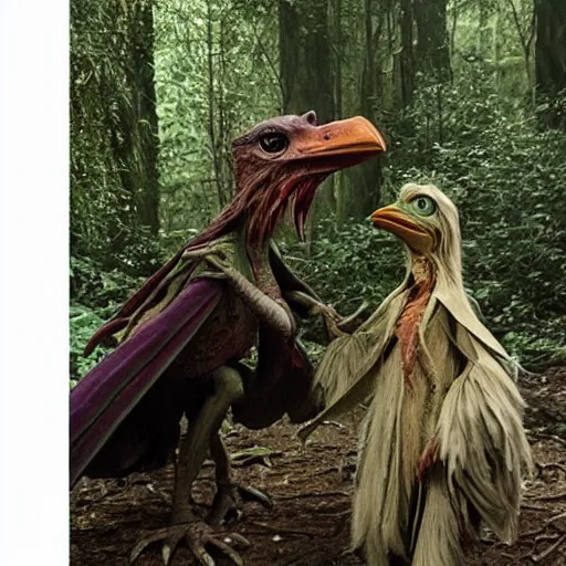 Image similar to two skeksis from the movie the dark crystal are discussing a plan in a forest