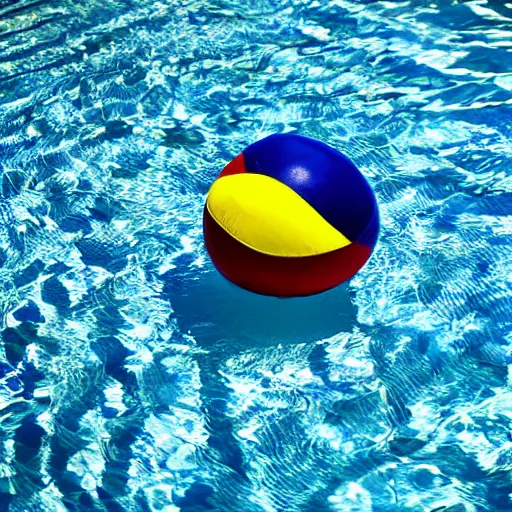 Prompt: A red, yellow, blue, and white striped beach ball floating in the deep end of a calm yet ominous swimming pool