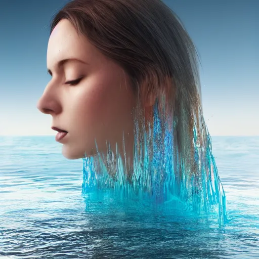 Prompt: water artwork manipulation in the shape of a beautiful human female head, on the ocean water, futuristic, glowing, gradient, hyper realistic, ray tracing, realistic water, sharp focus, long shot, 8 k resolution, cinematic, photoshop water art