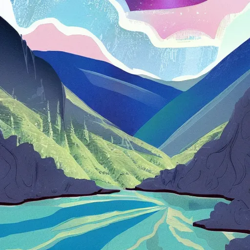 Prompt: a beautiful landscape, rivers and mountains, illustration, digital art by laura price