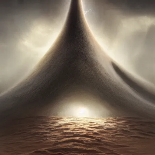 Image similar to giant from dune sandworm coming out of a stormy sea, lightning, highly detailed, beautiful light, epic, digital art, oil painting, award winning, fantasy artbook, 4 k