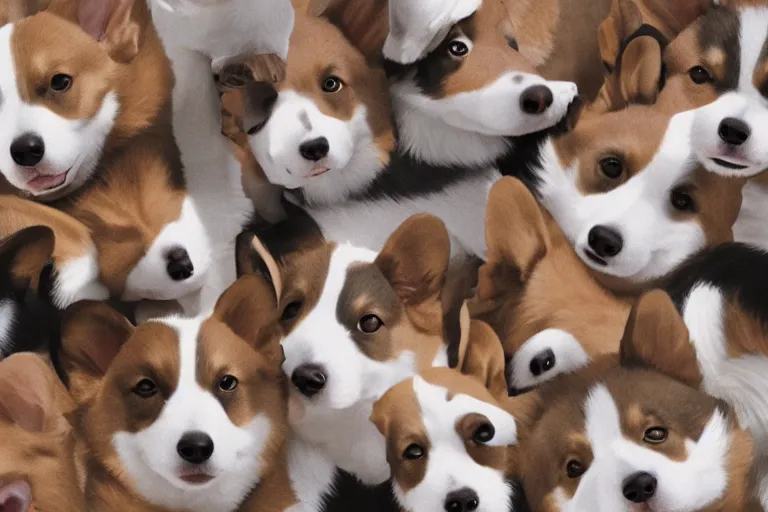 Image similar to nothing but corgis, as far as the eye can see. photo realistic 35mm 4k