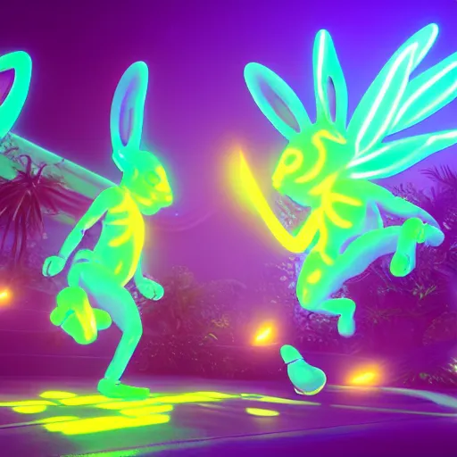 Image similar to neon fluorescent, iridescent cute bunny rabbits with fairy wings cyperpunk 2 0 7 7, unreal engine 5, 8 k ultra realistic, hyperdetailed, volumetric lighting, extremely high quality