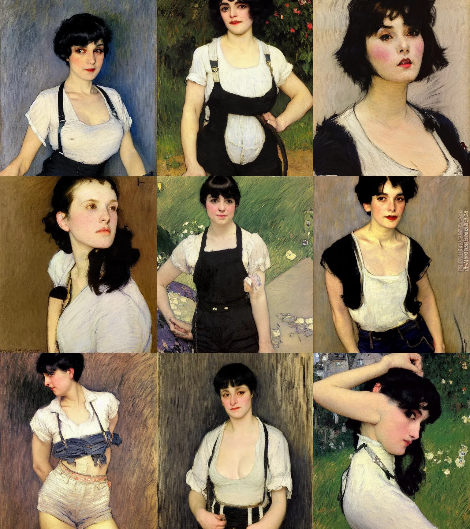 Prompt: a woman with black hair and long pixie haircut in shorts with suspenders and white t-shirt drawn by george bellows, gustave caillebotte, Alexandre Cabanel, norman rockwell, william waterhouse, maler collier, peter paul rubens, alphonse mucha, gustav klimt 4k, unreal 5, DAZ, french noveau, trending on artstation, octane render, hyperrealistic