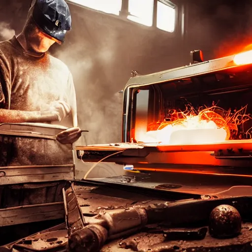 Image similar to cyborg toaster oven repairman, dark messy smoke - filled cluttered workshop, dark, dramatic lighting, orange tint, sparks, plasma rays, cinematic, highly detailed, sci - fi, futuristic, movie still