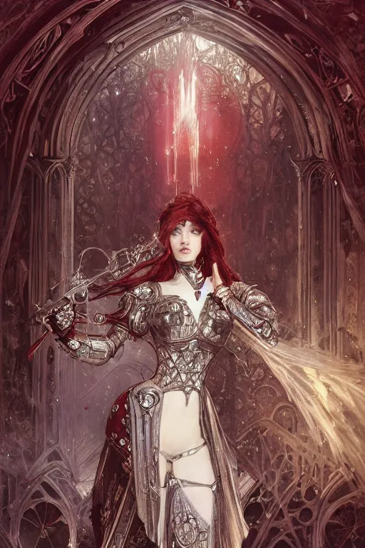 Image similar to beautiful luxury and elite and victorian and holy medieval female red and white silver mirror color armor knight portrait+smoky eyes+light flowing hair, in ruin gothic cathedral, ultradetail face, art and illustration by tian zi and craig mullins and WLOP and alphonse mucha, fantasy, intricate complexity, human structure, fantasy world concept, watermark, blurry, hyperrealism 8k