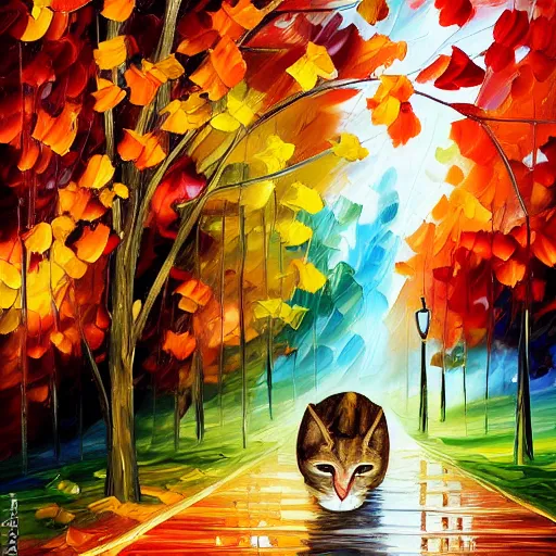 Image similar to tabby cat sitting under beautiful fall trees, detailed painting in the style of leonid afremov 4 k