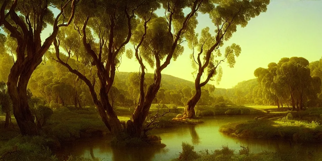 Image similar to landscape painting of a old blue gum tree next to a meandering river by alexei savrasov and thomas cole, mid day sun, artstation