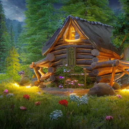 Prompt: a beautiful outdoor painting of a elf log house, an inner glowing elf log house with circular elements designed, the surrounding environment is a beautiful forest with flowers and birds, trending on artstation, by oliver wetter and richard wright, 8 k resolution, unreal engine, rendered in maya, detailed, wide - angle lens, two - point perspective, sunny summer, light