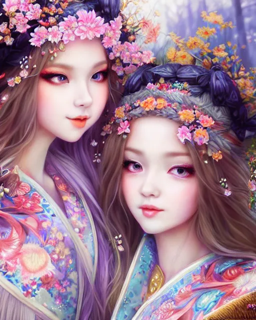 Image similar to two beautiful fashion siberian girls wear fantasy kimono in festival | | big eyes, sunny, dreamlike art, realistic shaded, smile, good looking, hyper details, 4 k realistic, cryengine, realistic shaded lighting poster by artgerm, ross tran, fuji choko, loish, 8 k resolution, trending on artstation, luxury