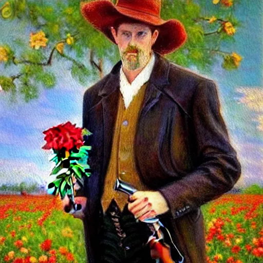 Prompt: a highly detailed impressionist painting of a tall man with blue eyes and brown hair that is wearing a wide brim leather hat and a leather vest. He is holding a revolver in his left hand and a ((((red rose is in his right hand))))!!!!!!!!!!!. He is standing in a field of roses. Blue sky in the background