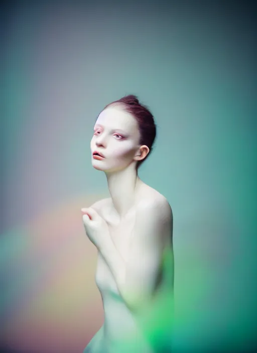 Image similar to kodak portra 4 0 0 photo portrait of a beautiful woman in style of paolo roversi, lightpainting motion blur, elegant, soft coloured gel lighting, highly detailed, sharp focus, ethereal, out worldly colours, emotionally evoking, head in focus, soft blur coloured gel light dreamy, volumetric lighting