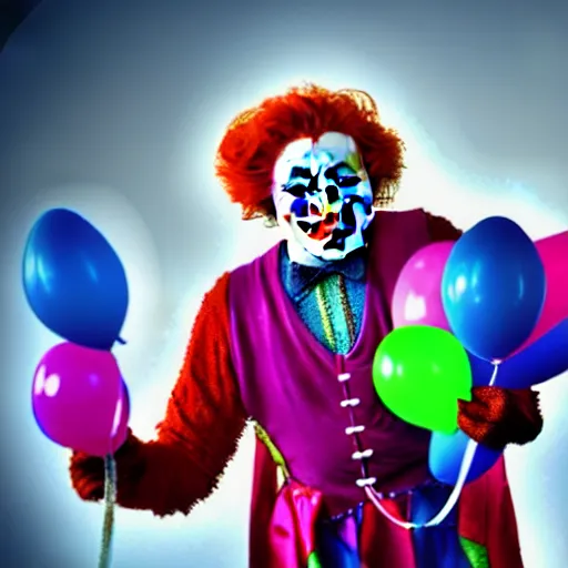 Prompt: realistic colorful beautiful cinematic epic image of a clown holding a blue ballon lost in a fair