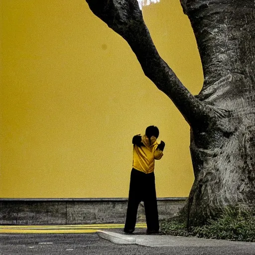 Image similar to bright yellow aesthetic, imposing by suehiro maruo, by eero saarinen. a photograph of a man caught in a storm, buffeted by wind & rain. he clings to a tree for support, but the tree is bent by the force of the storm. he is soaking wet. his face is contorted with fear & effort.