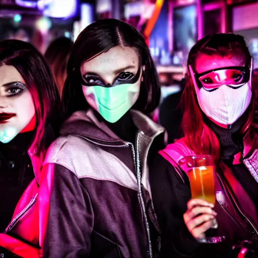 Image similar to photograph of a retro techwear female group near the bar of a packed busy rundown nightclub, lots of people, sharp and sparkly masks, retrofuturism, brutalism, cyberpunk, sigma 85mm f/1.4, 15mm, 35mm, tilted frame, long exposure, 4k, high resolution, 4k, 8k, hd, wide angle lens, highly detailed, full color, harsh light and shadow