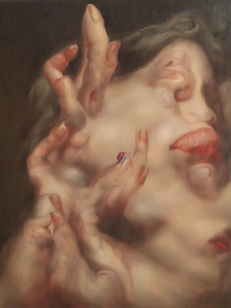 Prompt: plastic lips spinning on the tip of the index finger hand pointing, oil painting, Rubens, subtle and compelling lighting