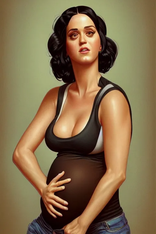 Prompt: pregnant katy perry in a tank top, realistic portrait, symmetrical, highly detailed, digital painting, artstation, concept art, smooth, sharp focus, illustration, cinematic lighting, art by artgerm and greg rutkowski and alphonse mucha