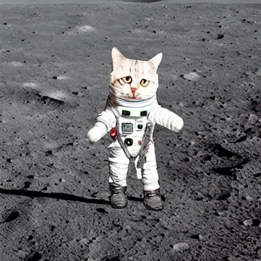 Prompt: cat wearing a spacesuit while walking on the moon