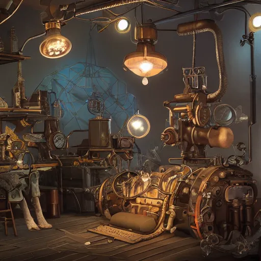 Image similar to beautiful amazing art of steampunk lab by Michelangelo Buonarrot, tom Haugomat, Serena Malyon, Maxim Shirkov, Alex Pogrebniak and Robin Gundersen, Trending on artstation, featured on Behance, Vision of chaos, octane render