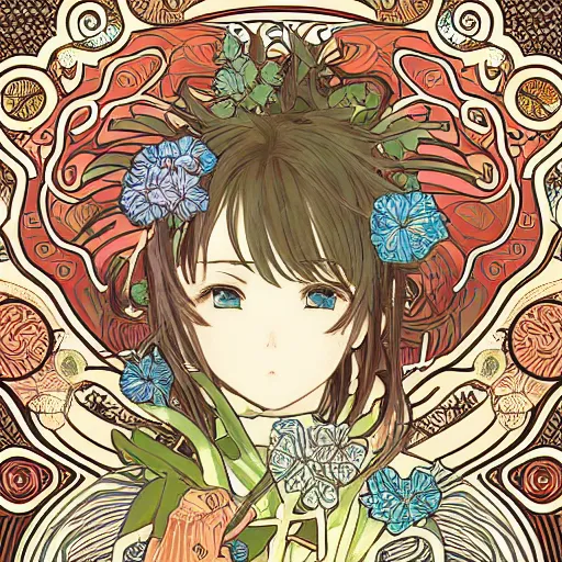 Image similar to anime manga closeup floral detailed highres 4k intricate nature comic patterns vector illustration style by Alphonse Mucha and James Jean pop art nouveau