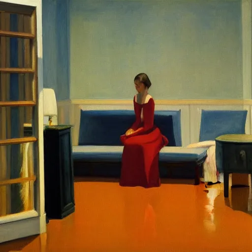 Prompt: A ghost in a living room flooded by water by Edward hopper