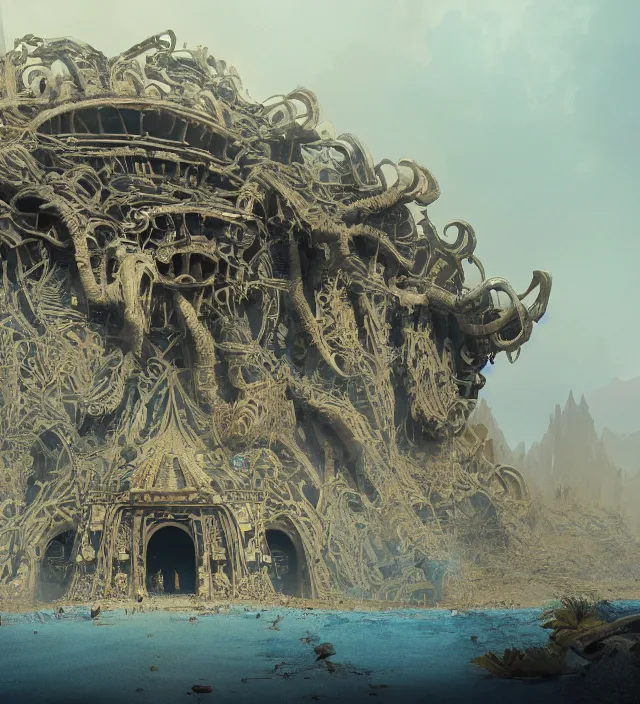 Image similar to an anthropomorphic beautiful giant futuristic lost temple made of dust in a desert, blue crazy river, fine art, award winning, intricate, elegant, sharp focus, octane render, hyperrealistic, cinematic lighting, highly detailed, digital painting, 8 k concept art, art by jamie hewlett and z. w. gu, masterpiece, trending on artstation, 8 k