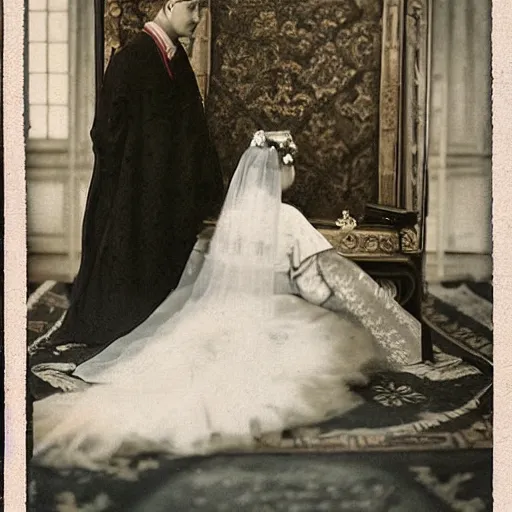 Prompt: a wide full shot, colored russian and japanese mix historical fantasy of a photograph taken of the royal empress and emperor exchanging vows, photographic portrait, warm lighting, 1 9 0 7 photo from the official wedding photographer for the royal wedding.