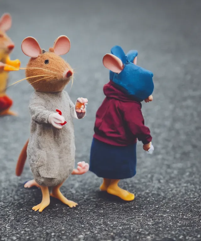 Prompt: high quality presentation photo of cute anthropomorphic mice eating cheese with small people walking around them, photography 4k f1.8 anamorphic bokeh 4k Canon Nikon