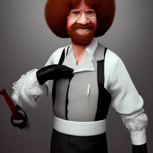 Image similar to Bob Ross is dressed in a maids outfit, hyperdetailed, artstation, cgsociety, 8k