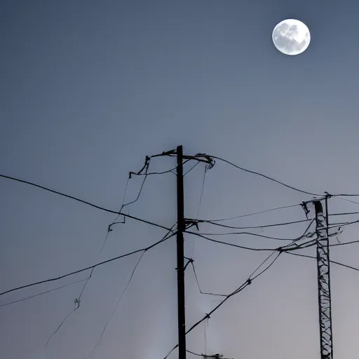 Prompt: photo of low moon behind power pole, telephoto lens