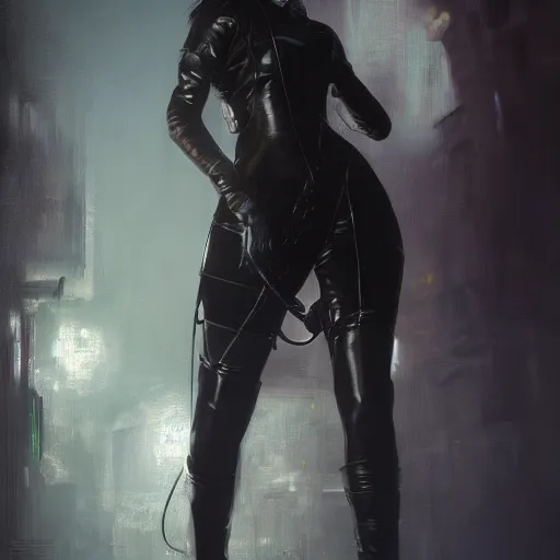 Image similar to painting of high detail yorha no. 2 type a wearing skintight leather jacket by jeremy mann, fantasy art, dynamic lighting, artstation, poster, volumetric lighting, 4 k, award winning