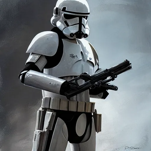 Image similar to an extremely long shot of an imperial stormtrooper in battle position ready to shoot his blaster concept art by Doug Chiang cinematic, realistic painting, high definition, very detailed, extremely high detail, photo realistic, concept art, the Mandalorian concept art style