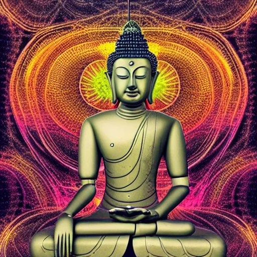 Image similar to robotic lifeform buddha meditating in front of a beautiful fractal neural network :: depth of field