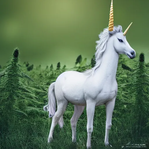 Image similar to a unicorn with wings standing in a field of marijuana eating, wildlife photography, 8 k, highly detailed, ultra realistic