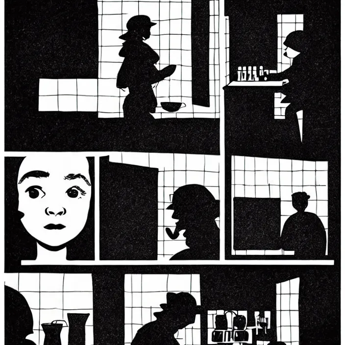 Image similar to sadie sink as a coal miner : eats bread at a table. inside a minimalist dirty automated kiosk. bright tasty food options displayed on a wall. black tiles on walls. black and white, pencil and ink. by gabriel hardman, joe alves, chris bonura. cinematic atmosphere, detailed and intricate, perfect anatomy