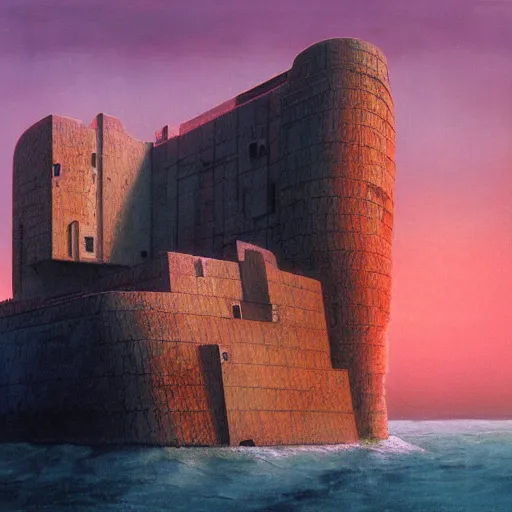 Image similar to painting of of brutalist fascist cyberpunk Japanese castle on the Oregon Coast cliffs at sunset by Zaha Hadid, Beksinski, Moebius, and Rutkowski