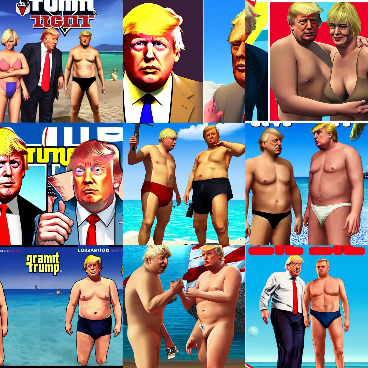 Prompt: boris johnson and trump in bathing suits GTA V box art