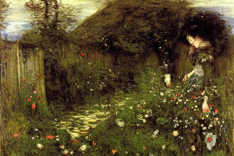 Image similar to secret garden, lush, floral, botanical, romanticism, dark, moody, john everett millais