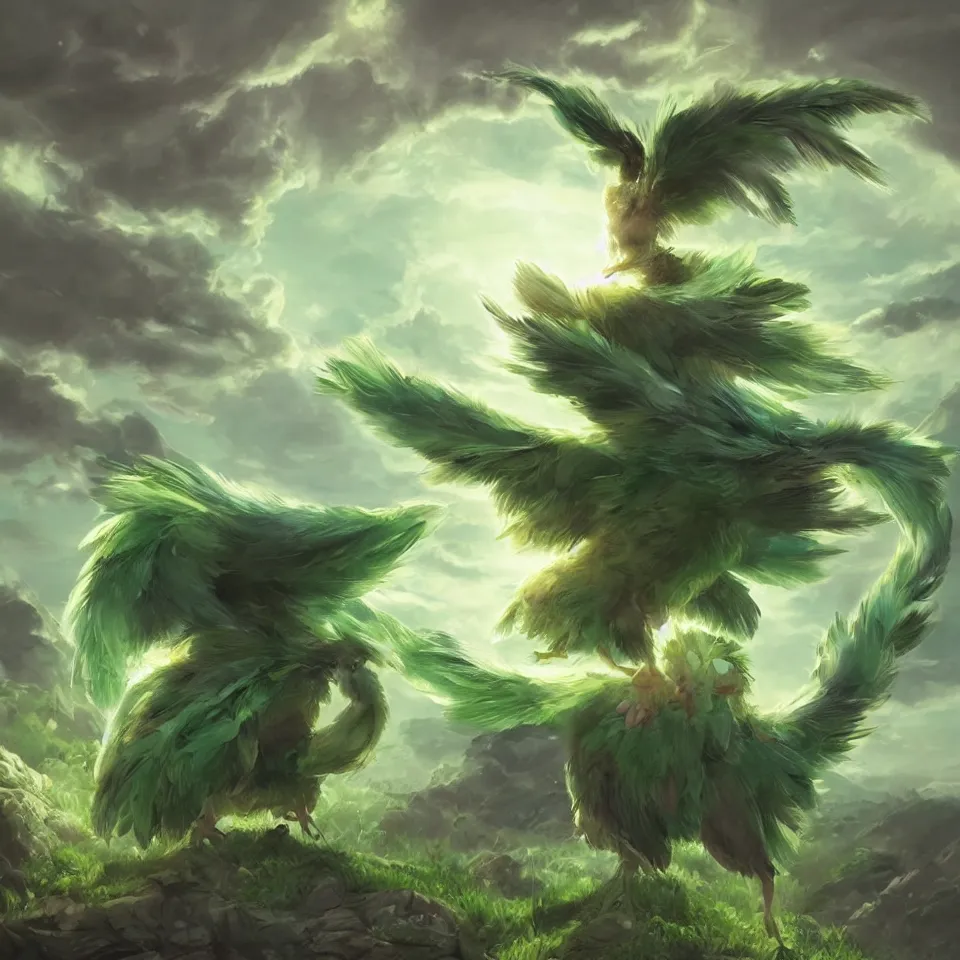 Image similar to a cute beautiful earth type pokemon, green feathers bursting out of his hair, full body shot, highly detailed digital art, 3 d perspective, award - winning illustration, aesthetic, smooth, pokemon style, made by greg rutkowski, with an alien landscape in the background